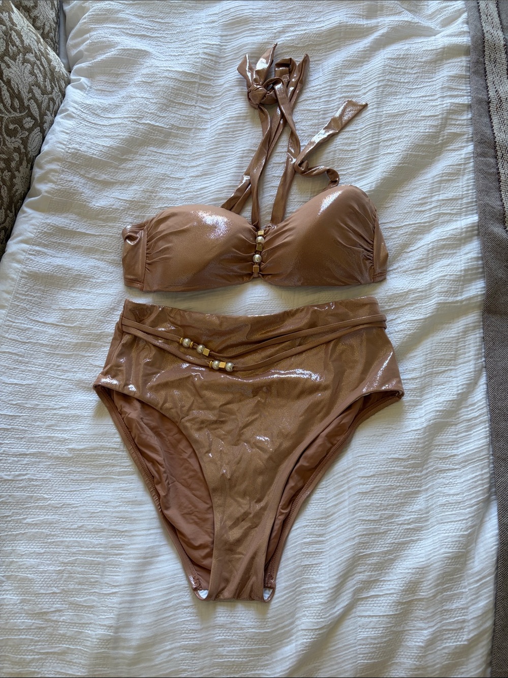 La Blanca High-Waist Shiny Bikini Set in Sand Siren